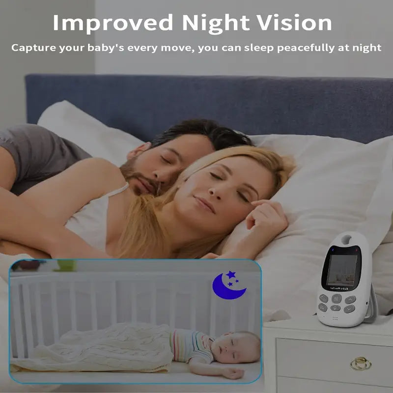 Belro wireless baby monitor with night vision camera and two-way audio communication, showing the device and screen display.