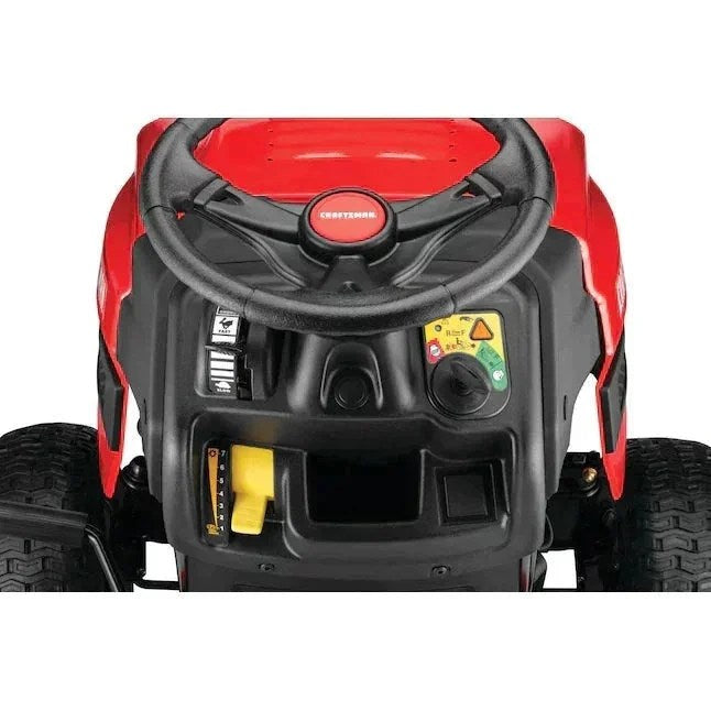 Casavibeo Craftsman T110 42-inch gas riding lawn mower with Briggs & Stratton engine and 7-speed manual transmission, front view.