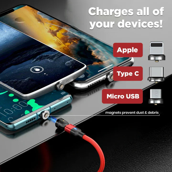 Belro Do-It-All Cable 3.0 charging cable for iPhone, Android, and Type C devices, shown connected to multiple devices.