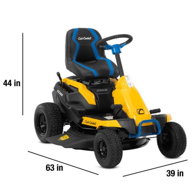 Cub Cadet CC30E 30-inch 56V MAX lithium-ion electric riding lawn mower with cutting deck and ergonomic seat.