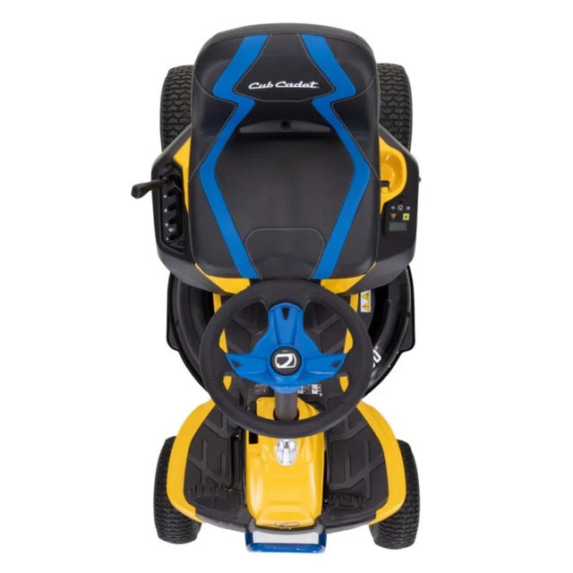 Cub Cadet CC30E 30-inch electric riding lawn mower with 56V lithium-ion battery, featuring a wide cutting deck and ergonomic design.