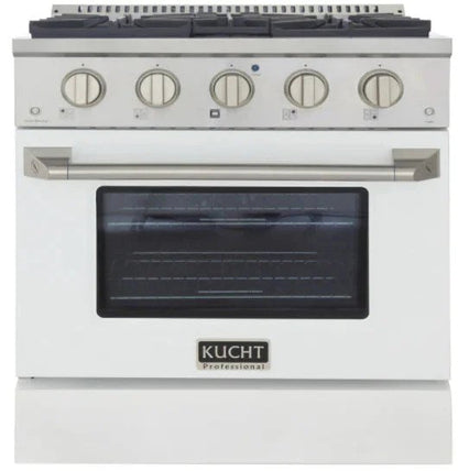Casavibeo Kucht 30-inch gas range in titanium with four burners and digital controls, shown in a modern kitchen setting.
