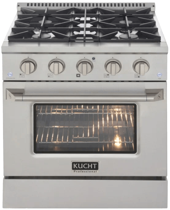 Casavibeo Kucht 30-inch gas range in titanium with multiple burners and control knobs, showcased in a modern kitchen setting.