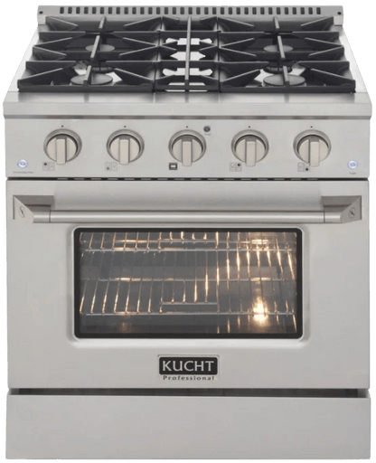 Casavibeo Kucht 30-inch gas range in titanium with multiple burners and control knobs, showcased in a modern kitchen setting.