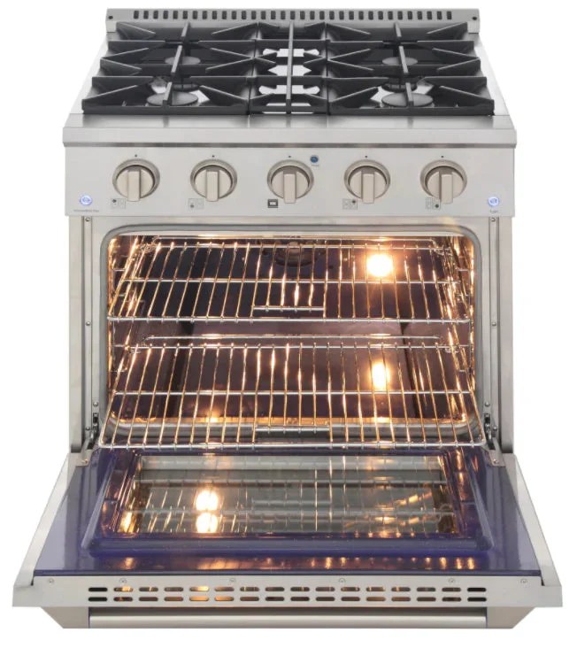 Casavibeo Kucht 30-inch gas range in titanium with four burners and control knobs, showcasing a modern kitchen appliance.