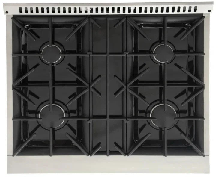 Casavibeo Kucht 30-inch gas range in titanium with four burners and control knobs, showcasing a modern kitchen appliance.