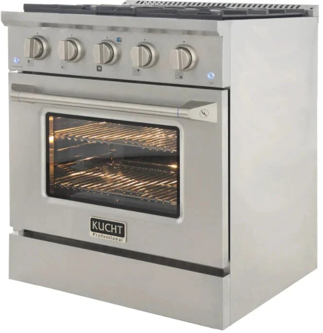Casavibeo Kucht 30-inch gas range in titanium with four burners and digital controls, showcasing the sleek, modern kitchen appliance.