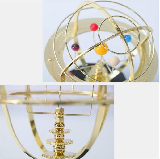 Handcrafted brass orrery solar system model showing five planets with detailed mechanical design, by BowLift.