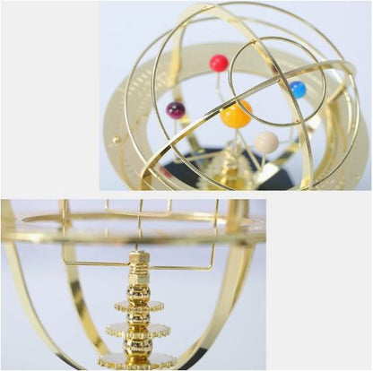 Handcrafted brass orrery solar system model showing five planets with detailed mechanical design, by BowLift.