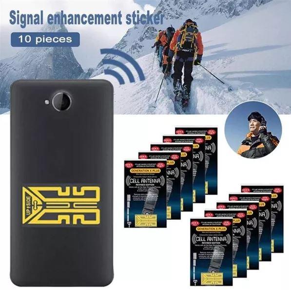 Belro cell phone signal enhancement stickers attached to a smartphone boosting signal strength in an electronics setting.