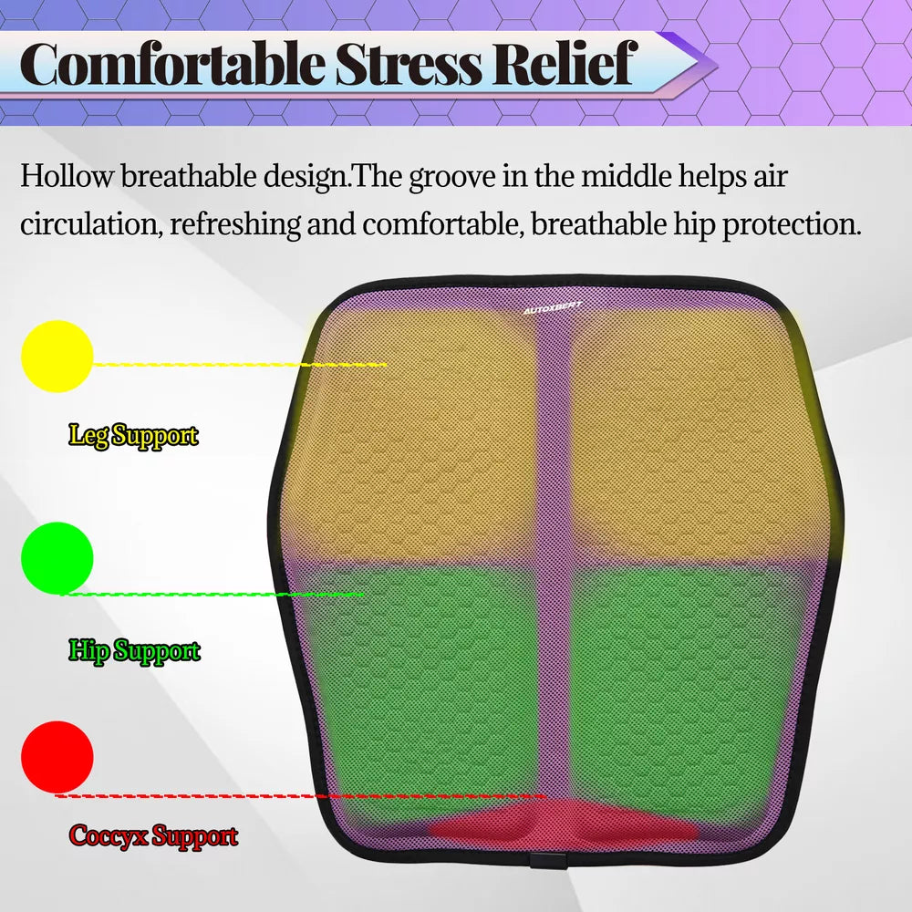 Purple Belro car seat cushion with breathable gel and honeycomb design for pressure relief and back pain support in vehicles.