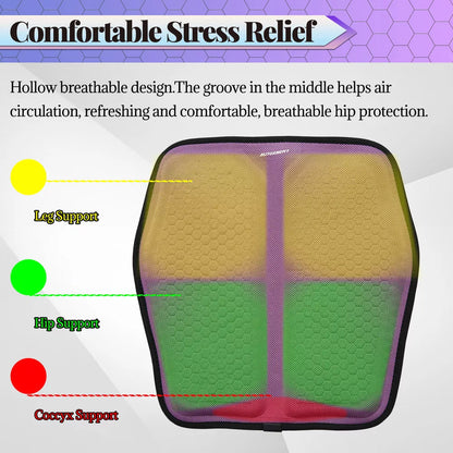 Purple Belro car seat cushion with breathable gel and honeycomb design for pressure relief and back pain support in vehicles.