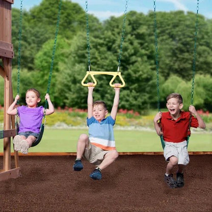 Casavibeo Caribbean Swing Set in backyard with swings, slide, and climbing frame for outdoor play.