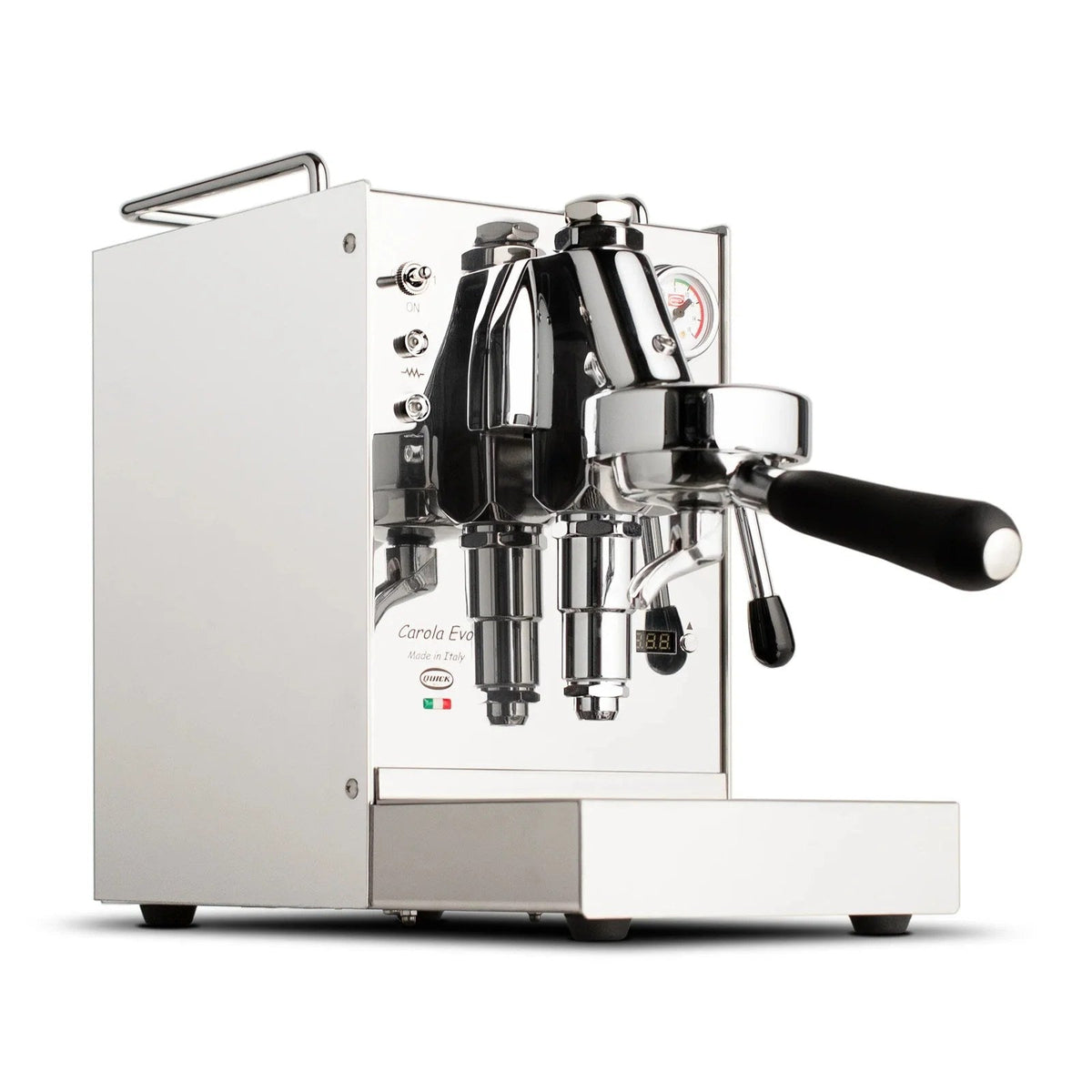 Casavibeo Quick Mill Carola Evo espresso machine with stainless steel finish and dual boiler system, ready for brewing espresso.