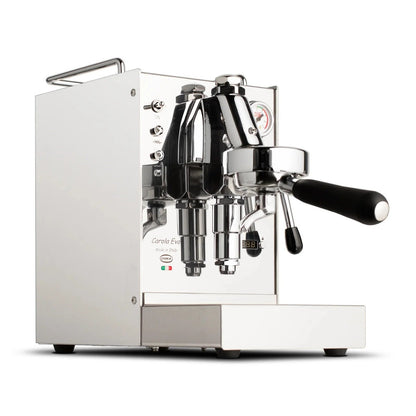 Casavibeo Quick Mill Carola Evo espresso machine with stainless steel finish and dual boiler system, ready for brewing espresso.