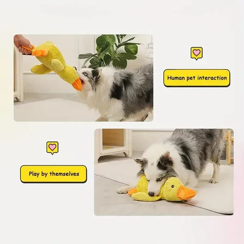 Belro Calming Duck dog toy designed for heavy chewers, featuring soft plush fabric and a squeaker for engaging play.