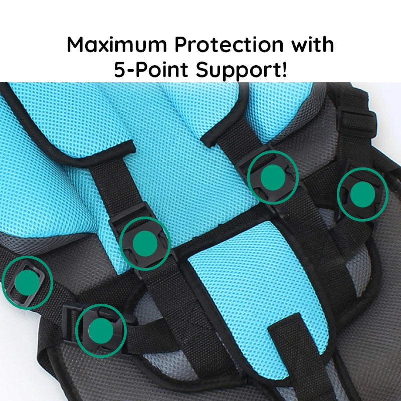 Belro child protection car cushion seat with 5-point support, designed for child safety in sports and outdoor vehicle travel.