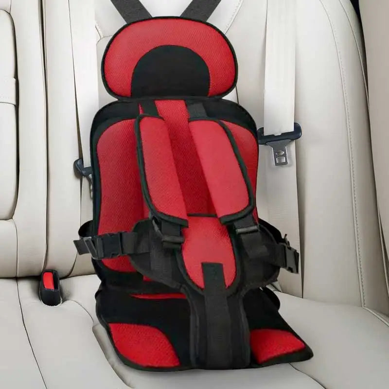 Red Belro child protection car cushion seat with safety straps for secure child seating in vehicles.