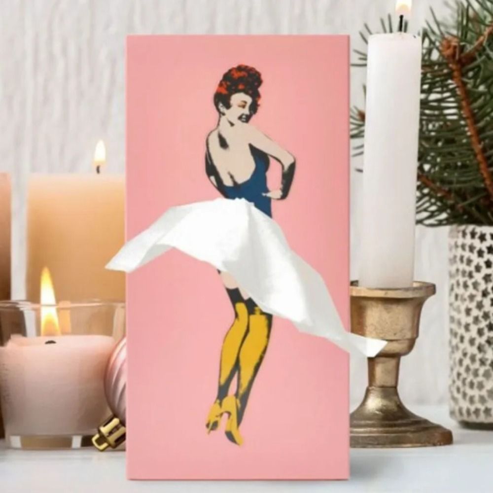 Belro Flying Skirt tissue box featuring a retro plastic case with a stylish, lady-themed turn pattern design.