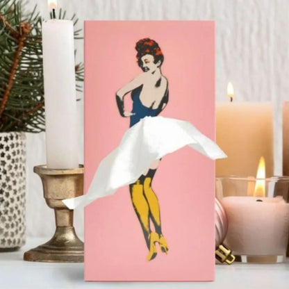Belro Flying Skirt tissue box featuring a retro plastic case with a stylish, lady-themed turn pattern design.