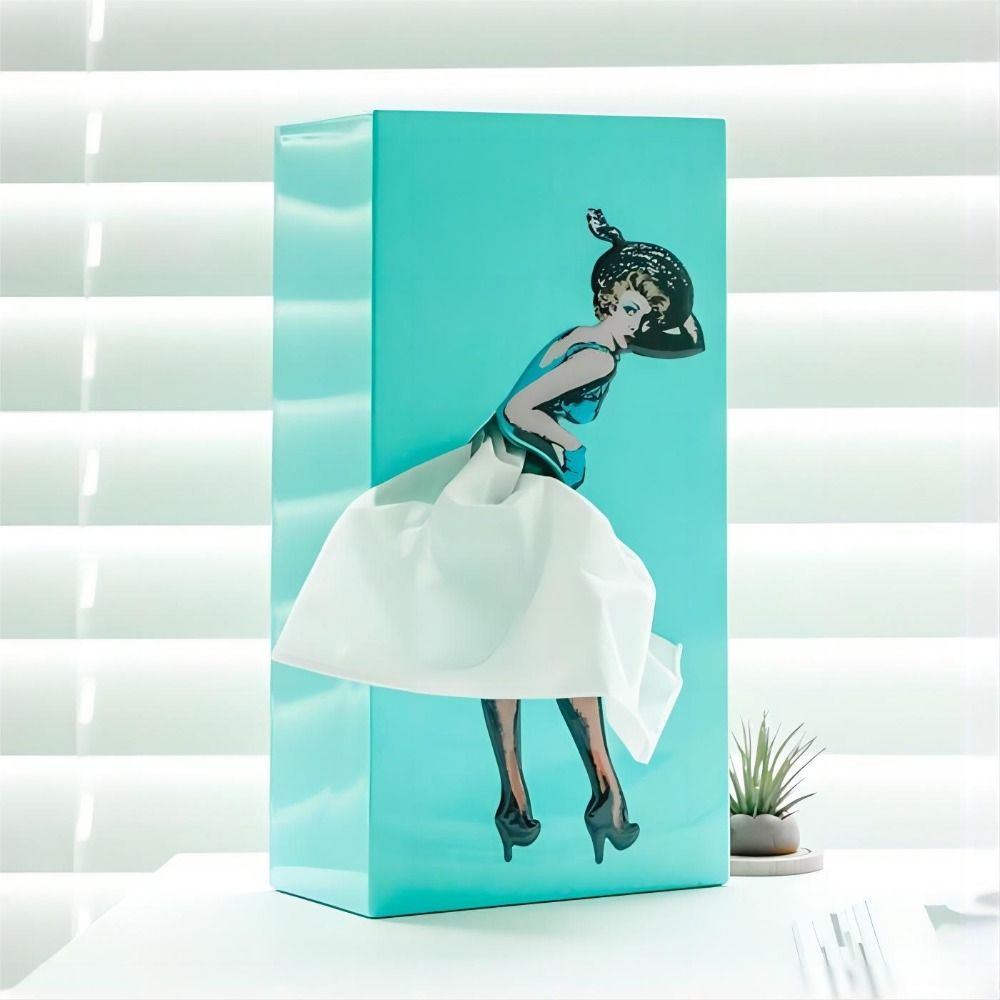 Belro Flying Skirt tissue box designed as a retro plastic tissue case with a classy, lady-themed pattern for men's clothing decor