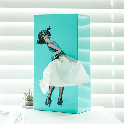 Belro Flying Skirt tissue box designed as a retro plastic tissue case with a classy, lady-themed pattern for men's clothing decor