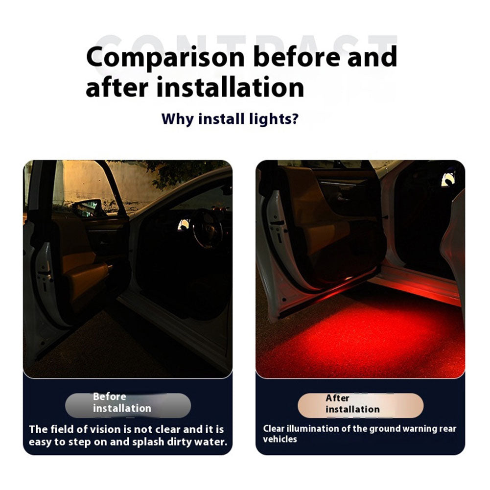 Belro car door lights projector displaying colorful LED patterns projected onto the ground from the car door