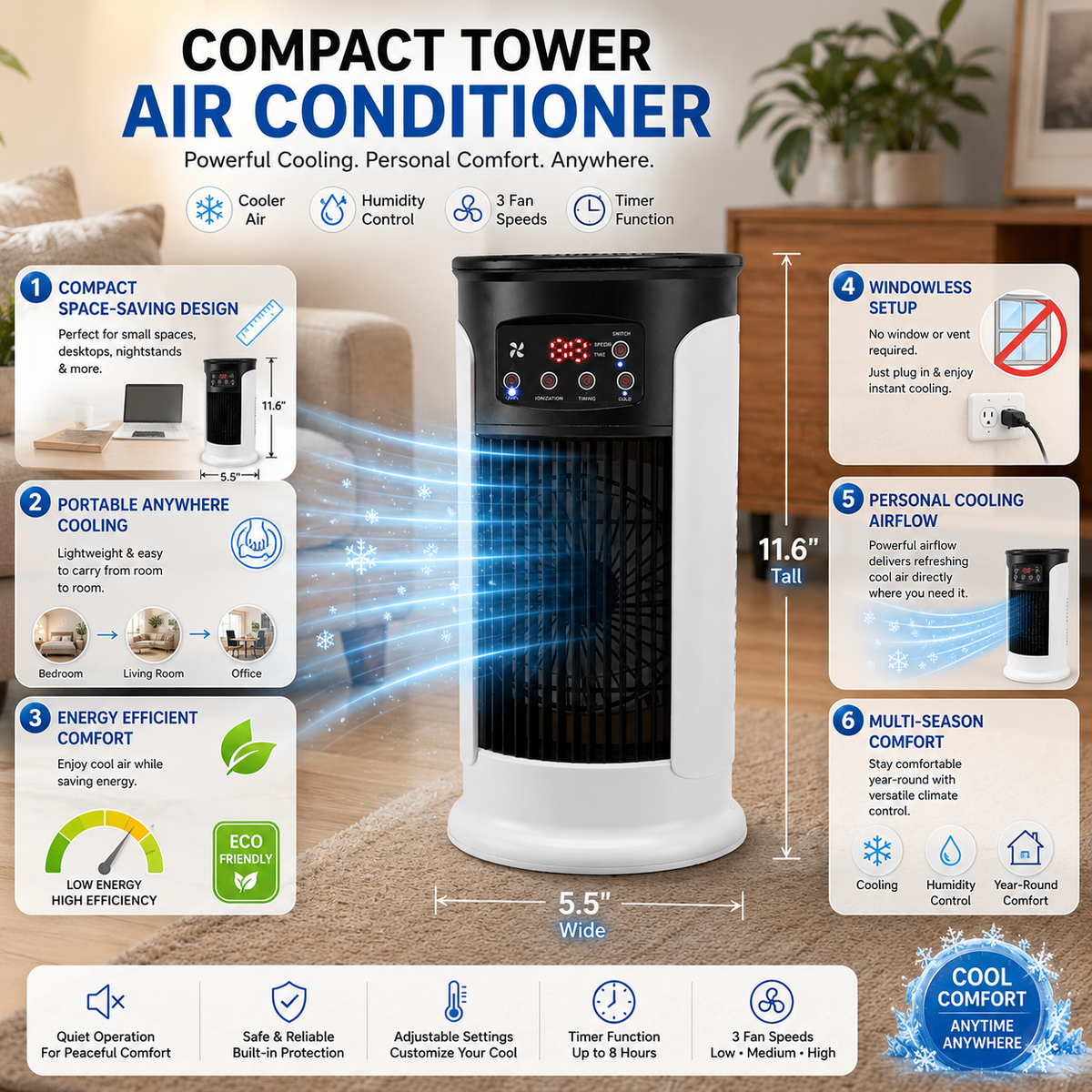 DecorsDeluxe ZenWave EcoCool portable air conditioner, compact and energy-efficient cooling unit with evaporative cooling function.