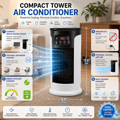 DecorsDeluxe ZenWave EcoCool portable air conditioner, compact and energy-efficient cooling unit with evaporative cooling function.
