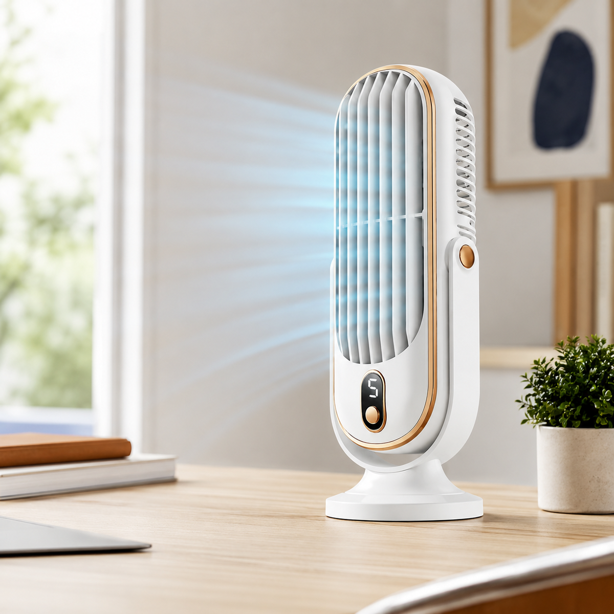 DecorsDeluxe battery-operated desktop cooler fan with USB port, portable cooling fan for home and office use.