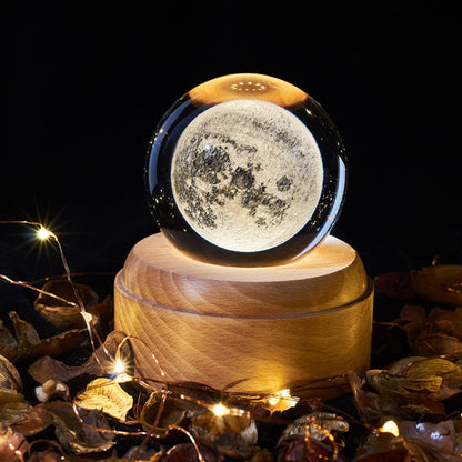 Belro Crystal Ball Galaxy Projector with wooden base, luminous night light, and music box, creating starry projections and relaxing ambiance.