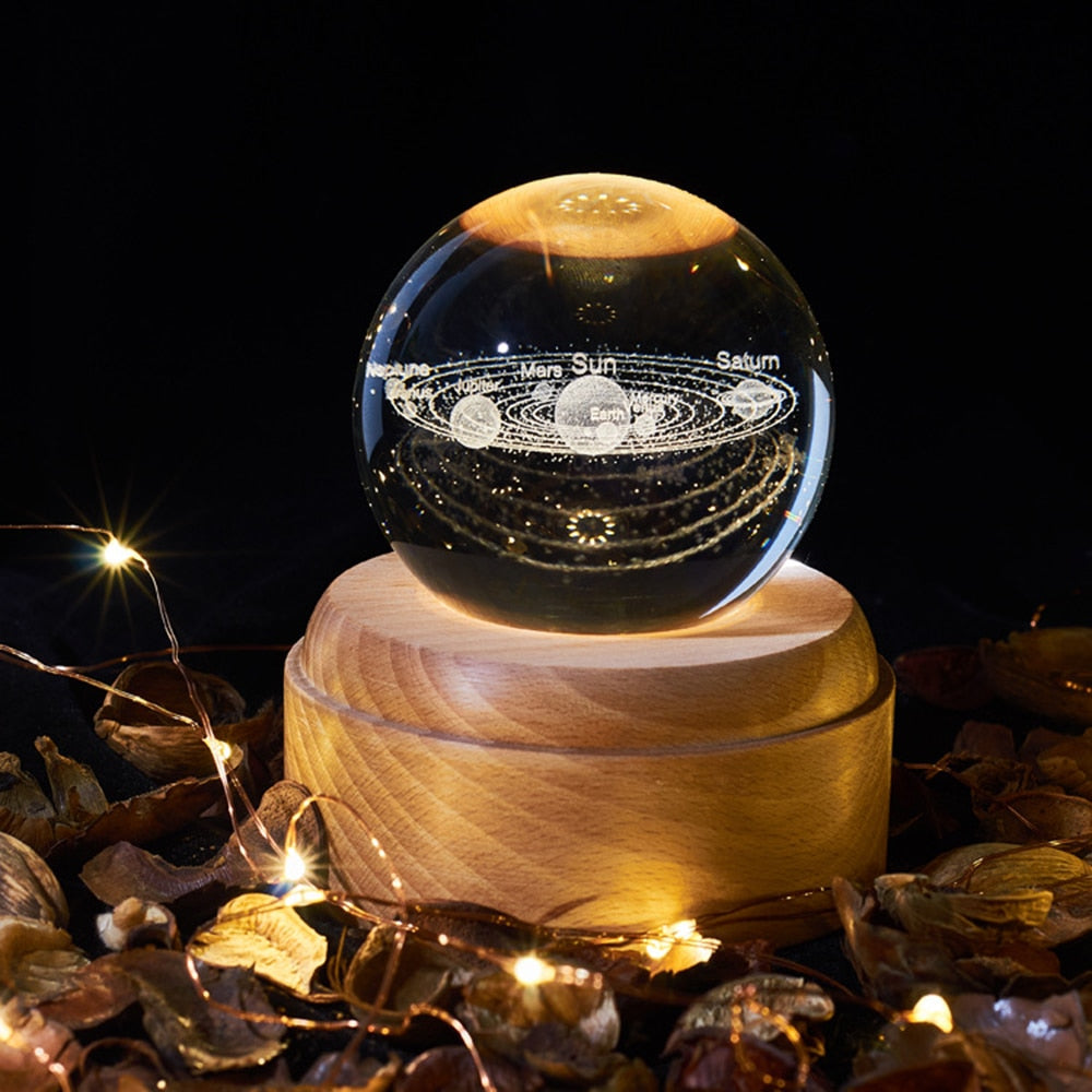 Belro Crystal Ball Galaxy Projector with wooden base, luminous night light, and music box for relaxing ambient lighting.