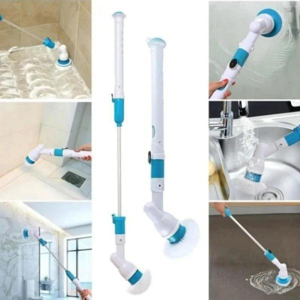 Belro cordless electric spin scrubber with extendable handle for bathroom cleaning, featuring a durable brush head for effective cleaning.