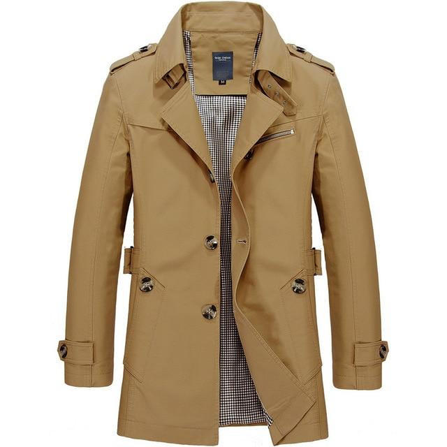 Belro classic trench coat displayed on a mannequin, featuring double-breasted design and belt, in a stylish neutral color.