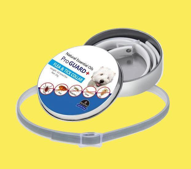 Belro dog pest collar, a pet supply for dogs, shown in close-up with the collar wrapped around a dog's neck.