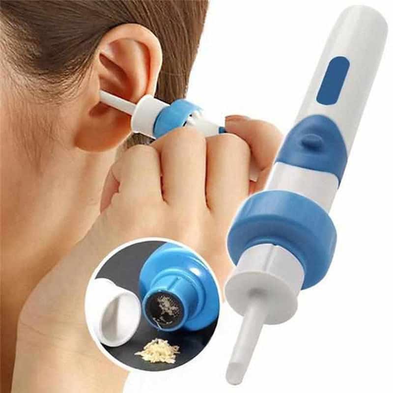 Belro vacuum ear cleaner in use, showing a person gently cleaning their ear with the health and beauty device.