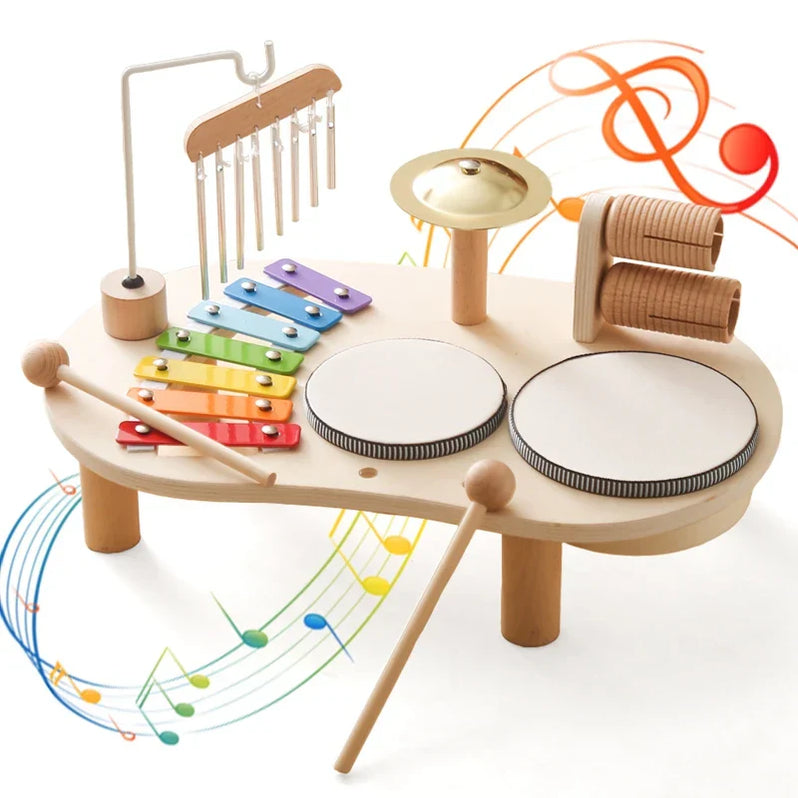 Wooden music station toy for children, featuring colorful musical elements, designed by Belro, suitable for creative play and development.