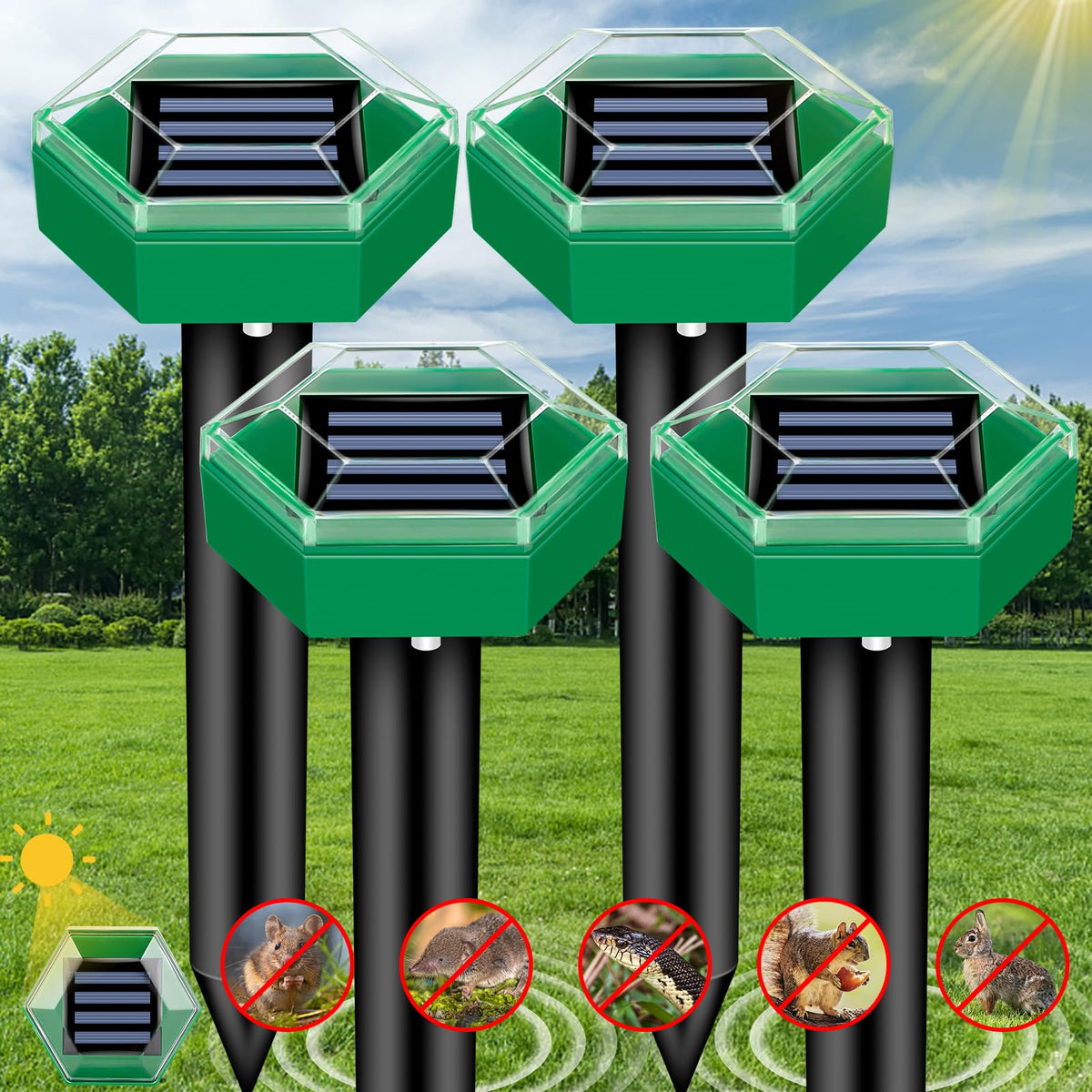 Belro Ultrasonic Mole Repellent 4-pack for outdoor pest control, showing the electronic devices used to deter moles in gardens.