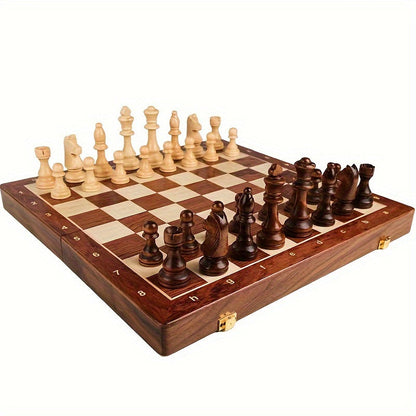 Belro wooden chess set with intricately carved chess pieces, ideal for home or travel gaming.
