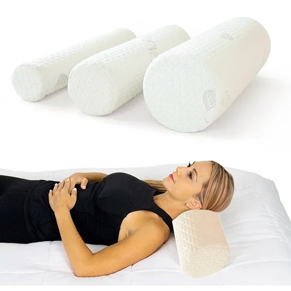 Belro memory foam neck roll pillow for neck support and comfort, shown in a neutral setting.