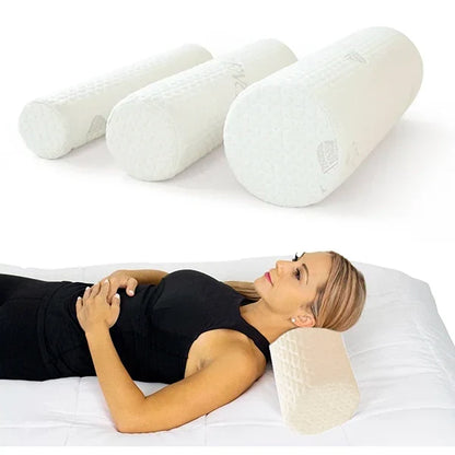 Belro memory foam neck roll pillow for neck support and comfort, shown in a neutral setting.
