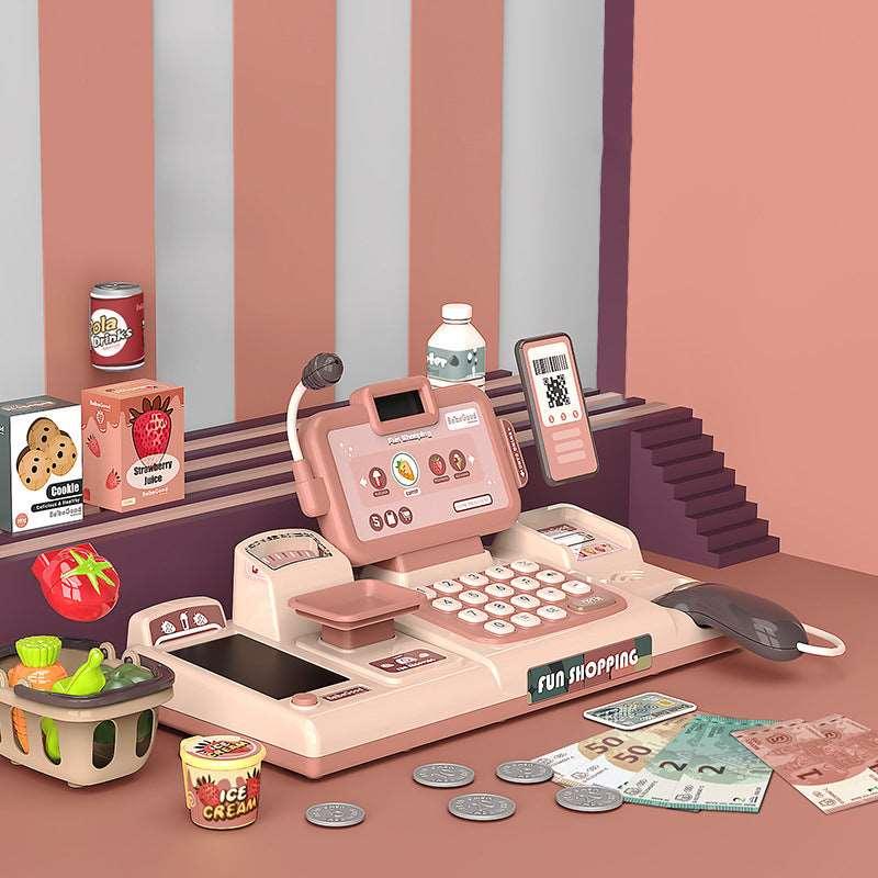 Toy cash register from Belro, colorful play money, keys, and scanner for imaginative play in toys and games collection.
