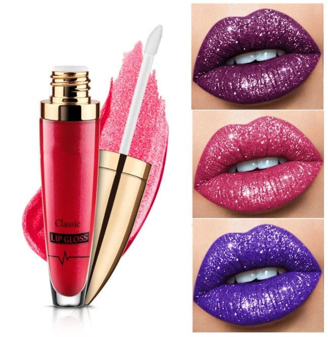 Belro no-transfer liquid glitter lipstick in a shimmering shade, shown applied on lips for a bold, sparkling makeup look.