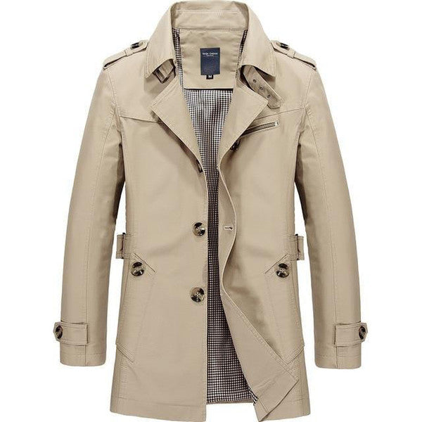 Belro classic trench coat displayed on a hanger, featuring a double-breasted design, belt, and tailored fit in neutral fabric.
