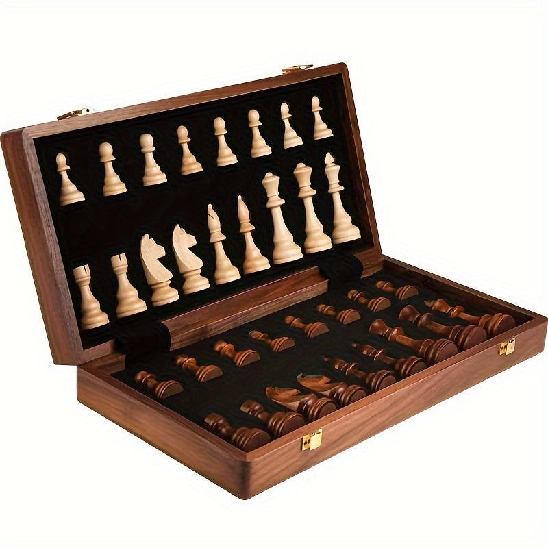 Wooden chess set by Belro featuring carved chess pieces on a wooden board, ideal for home and travel play.