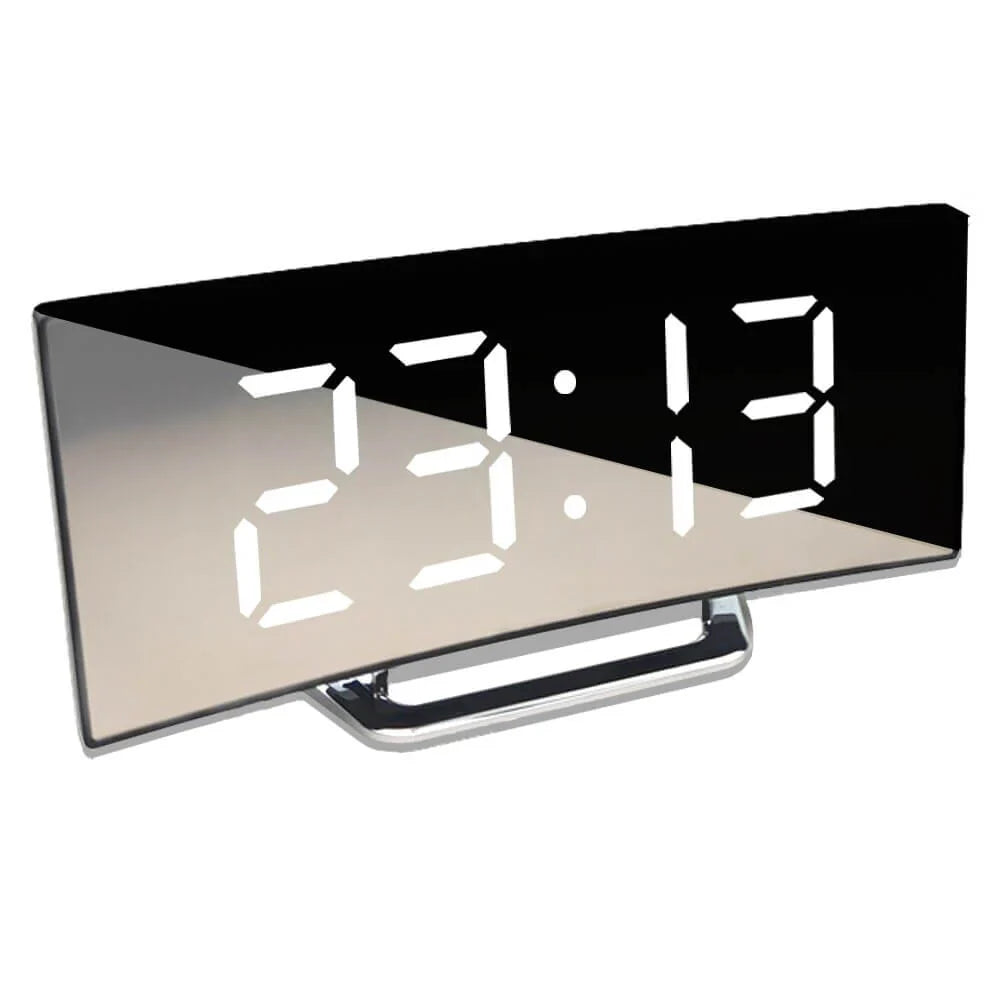 Belro curved LED digital alarm clock with mirror display and large screen, modern home decor clock showing time.