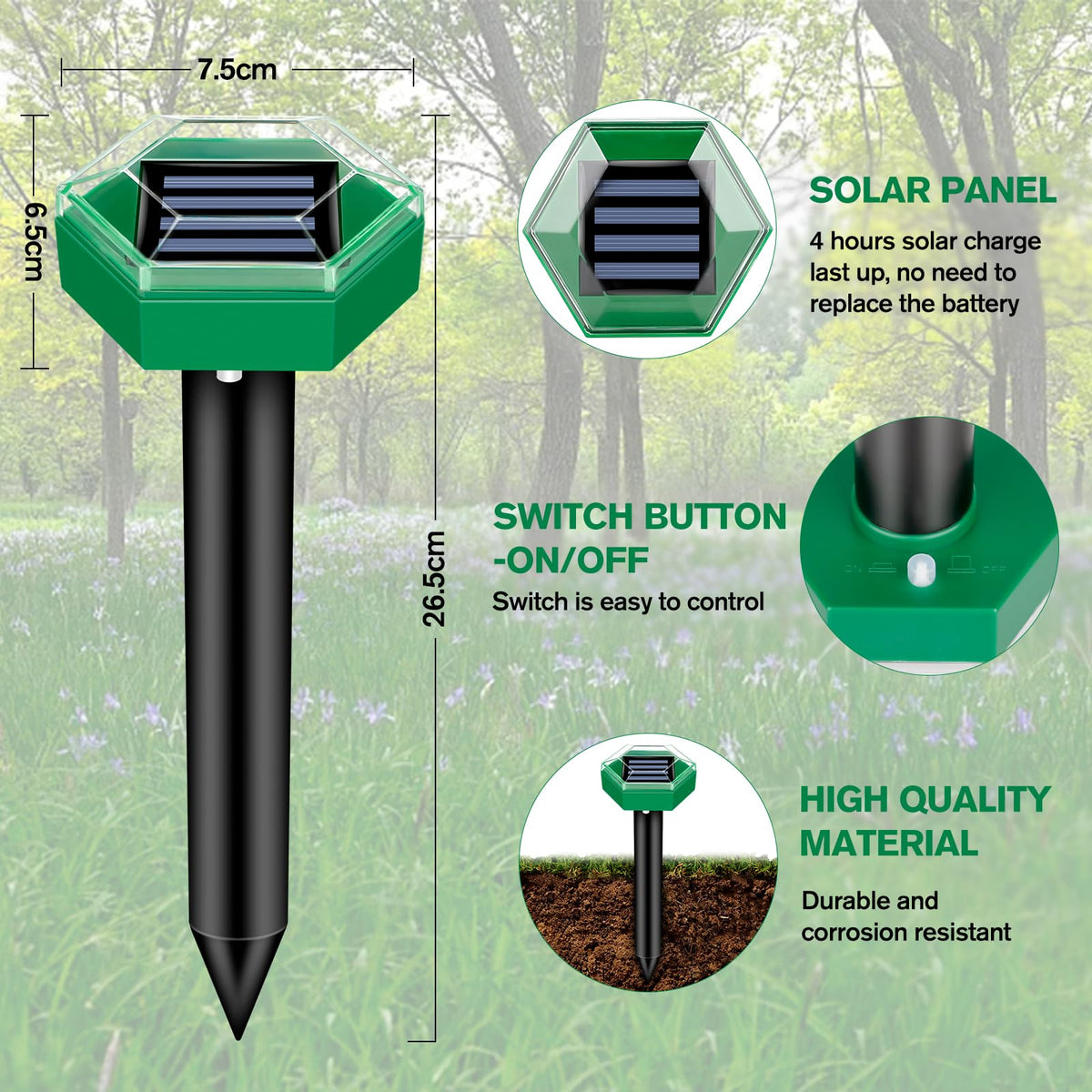 Belro Ultrasonic Mole Repellent 4-Pack for outdoor pest control, showing devices designed to deter moles in the yard.