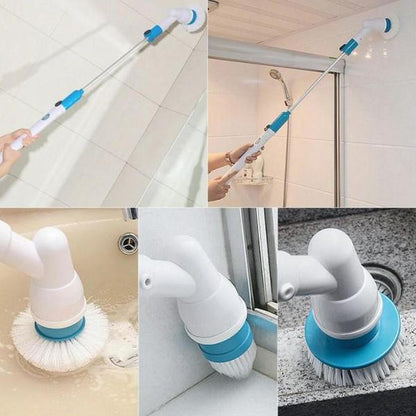 Belro cordless electric spin scrubber with extendable handle for bathroom cleaning, shown in use on bathroom surfaces.