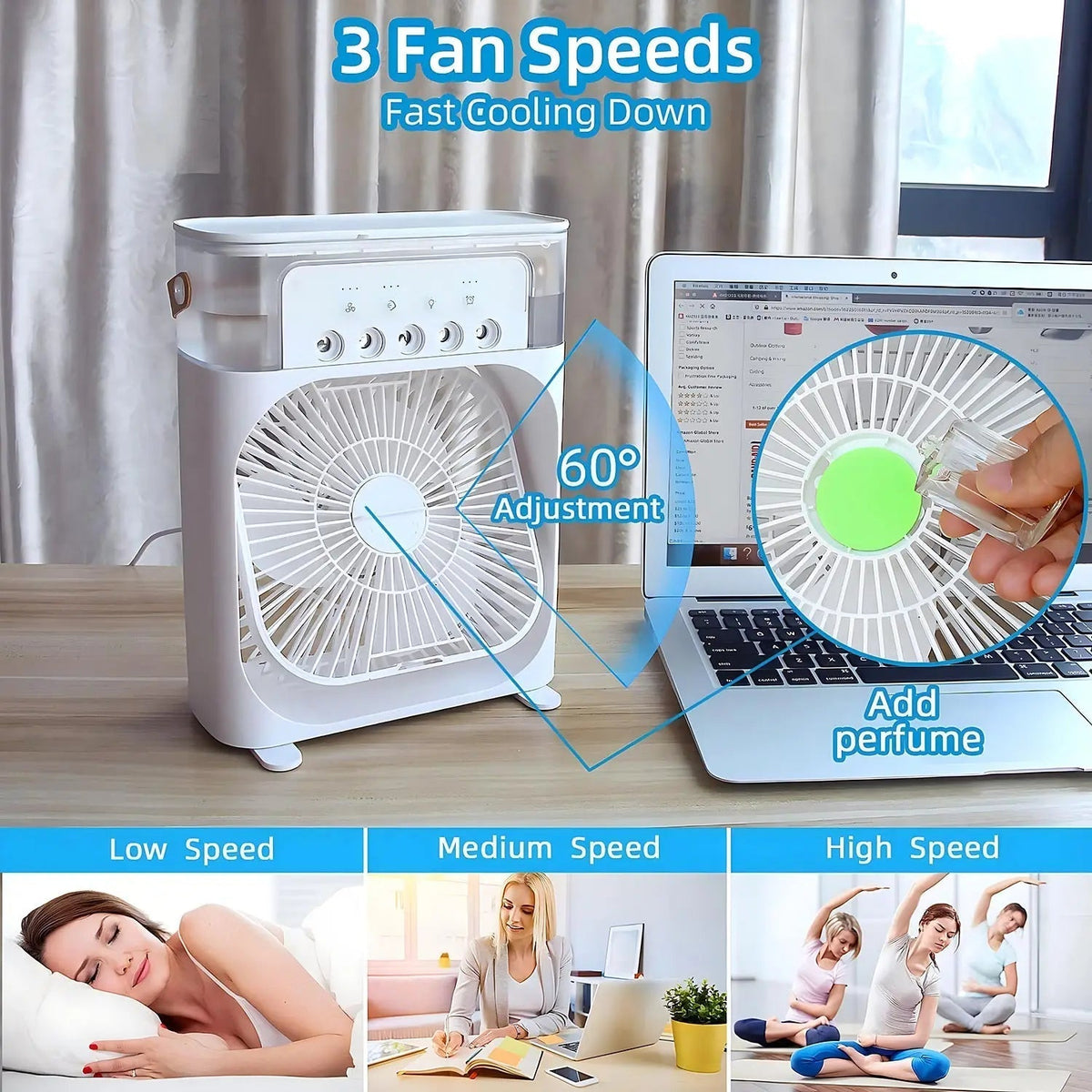 Belro Pro 3-in-1 fan, air conditioner, and humidifier in outdoor setting, showing compact design and control panel.