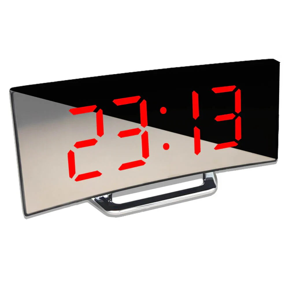 Belro curved LED digital alarm clock with mirror display and large screen, showcasing sleek bedside clock design in a home decor setting